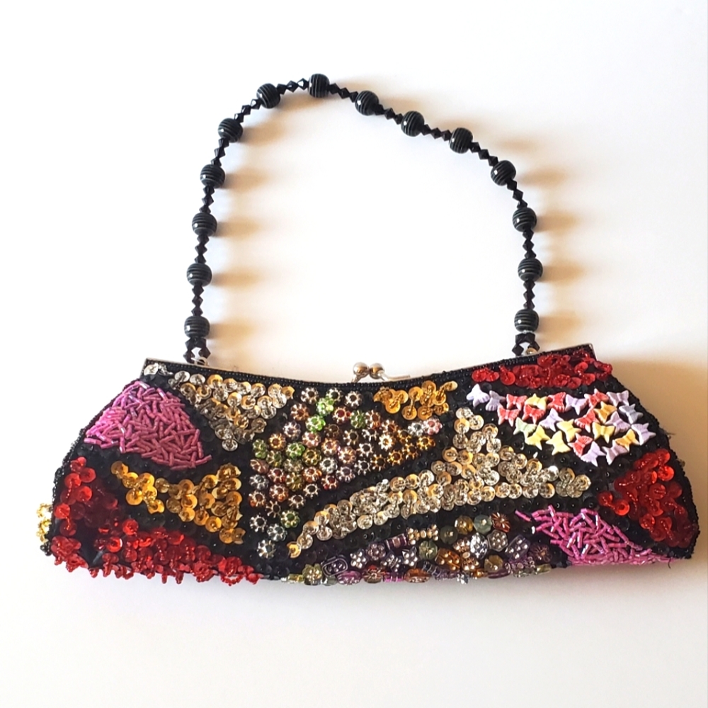 Beaded clutch purse. Sequin and Bead Work With Alternate Sholder Strap.